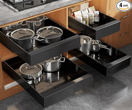 4 Pack Expandable (9"-14") Pull Out Cabinet Organizer 21" Deep With Raising Pad for Framed Cabinets,Upgrade 3 Slide Rails Slide Out Drawers,No Drill Roll Out Shelves Adhesive,Black