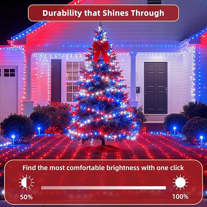 300 LED Outdoor Christmas Lights 75ft, 12 Lighting Modes Indoor String Lights Dimmable & Timer Memory, Outsite Waterproof Tree Lights for Xmas Garden Wedding Party Holiday Decorations Red White & Blue