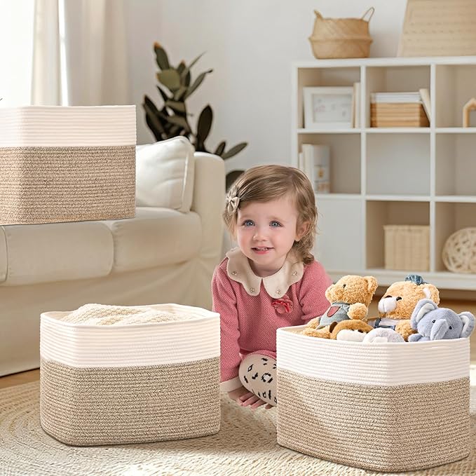 3 Pack Cube Storage Bin, 17”x12”x12” Cotton Rope Woven Baskets for Organizing Toys Clothes Towels, Square Gift Storage Baskets for Shelves, Nursery, Closet, Bathroom, Pantry (White & Jute)