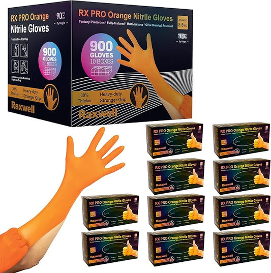 Raxwell Orange Nitrile Gloves 8.5 Mil - Powder-Free Puncture-Resistant Protection - Diamond-Texture Work Gloves with Grip