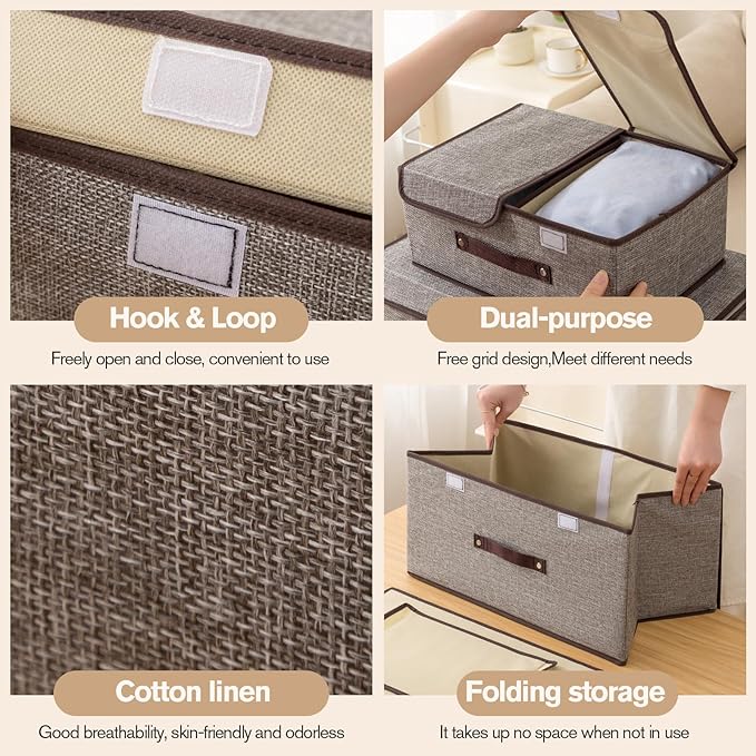 Linen Fabric Storage Bins with Lids and Dividers 2-Pack, 15L Collapsible Closet Organizers, Foldable Divided Boxes for Clothes, Beige Linen Closet Organization (Beige)