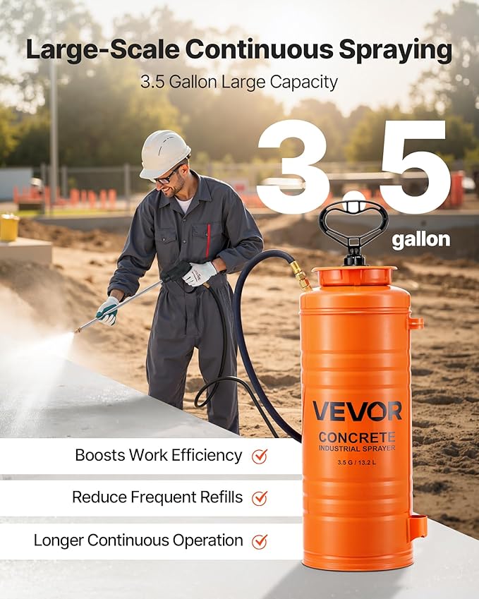 Industrial Concrete Sprayer, 3.5 Gallon Stainless Steel Sprayer, Heavy Duty Tri-Poxy Pump Sprayers, 20.5"Wand with Ergonomic Gun Handle, 48"& 120"Hose, 2 Brass Nozzles for Construction, Garden