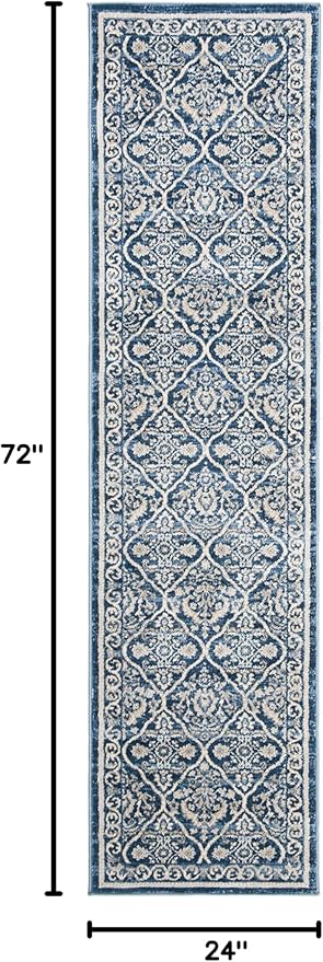 SAFAVIEH Brentwood Collection 2' x 6' Navy / Light Grey BNT870M Oriental Damask Trellis Non-Shedding Living Room Entryway Foyer Hallway Bedroom Runner Rug