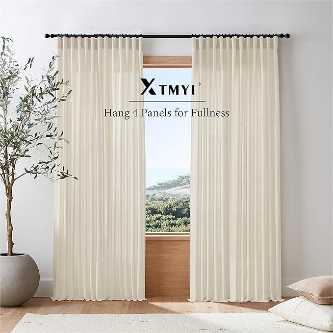 XTMYI 63 Inches Long Beige Country Curtains for Living Room,Sheer Linen Curtains for Bedroom