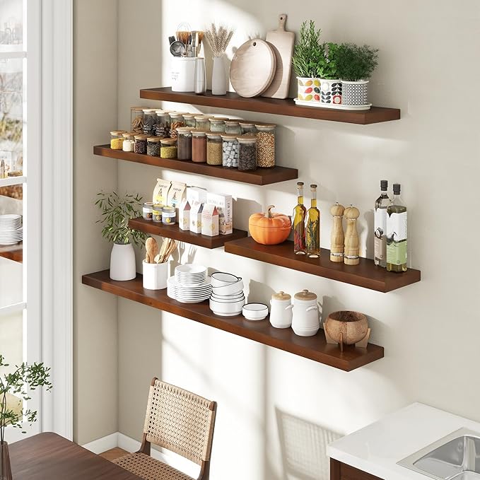 Floating Shelves for Wall, 24"Wx9.3"D USA-Sourced Douglas-Fir Solid Wood Rustic Wall Shelves with Heavy Duty Invisible Bracket, Nursery Book Storage Display Shelf for Bathroom, Set of 2, Walunt Finish