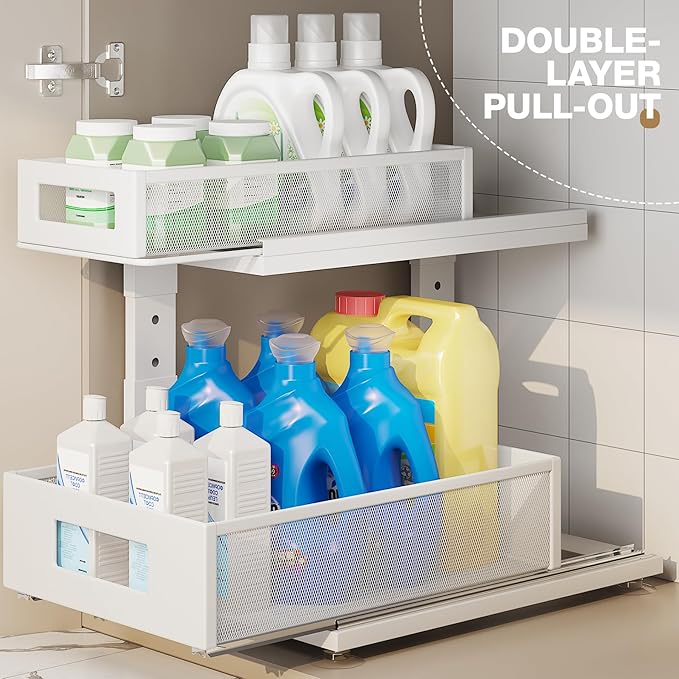 4 Pack Under Sink Organizer With Next-Gen Ball-Bearing Slides,2-Tier Precision Mesh Pull Out Cabinet Drawers Storage for Bathroom&Kitchen,Height Adjustable Shelf,Rust-resistant-White
