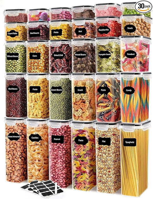 Airtight Food Storage Containers Set with Lids - 30 pack, BPA Free Plastic Kitchen and Pantry Organization, Plastic Leak-proof Canisters for Cereal Flour & Sugar - Labels & Marker