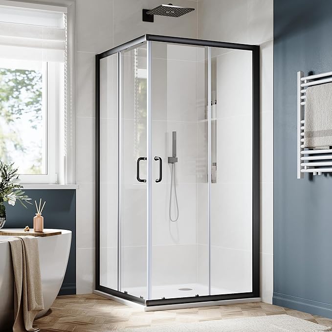 SUNNY SHOWER Corner Sliding Shower Doors 36 in. x 36 in. x 72 in with 1/4 in.Clear Glass Shower Enclosure 2 Fixed Panels & 2 Sliding Shower Glass Panels Corner Shower Stalls Matte Black