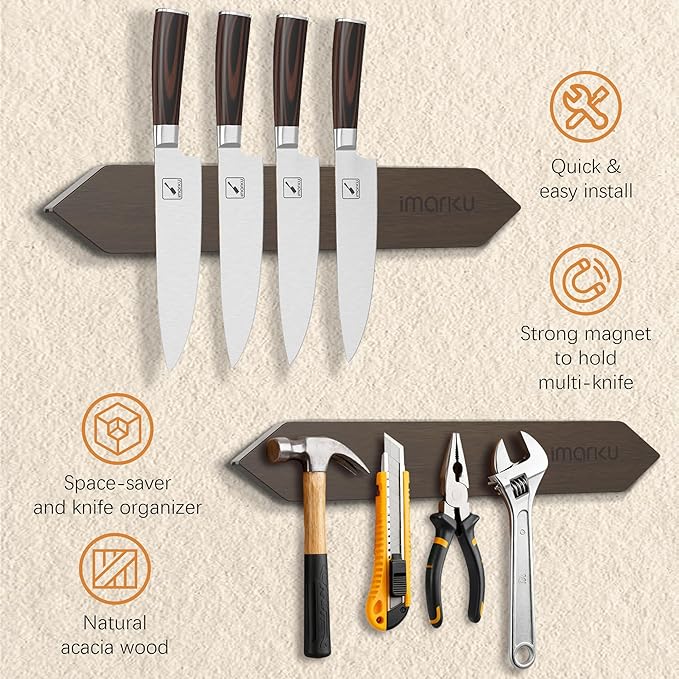 imarku Magnetic Knife Holder for Wall - 16 Inch Acacia Wood Magnetic Knife Strip with Powerful Magnet, Knife Magnetic Strip for Kitchen Utensil Organizer with 4 Hooks, Dark Gray