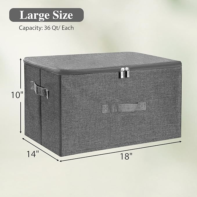 ANMINY Storage Bins with Zipper Lids 36 Qt Lidded Fabric Storage Boxes Baskets Cubes with Handles Collapsible Washable Cotton Linen Closet Shelf Clothes Organizer Containers - Gray, Large
