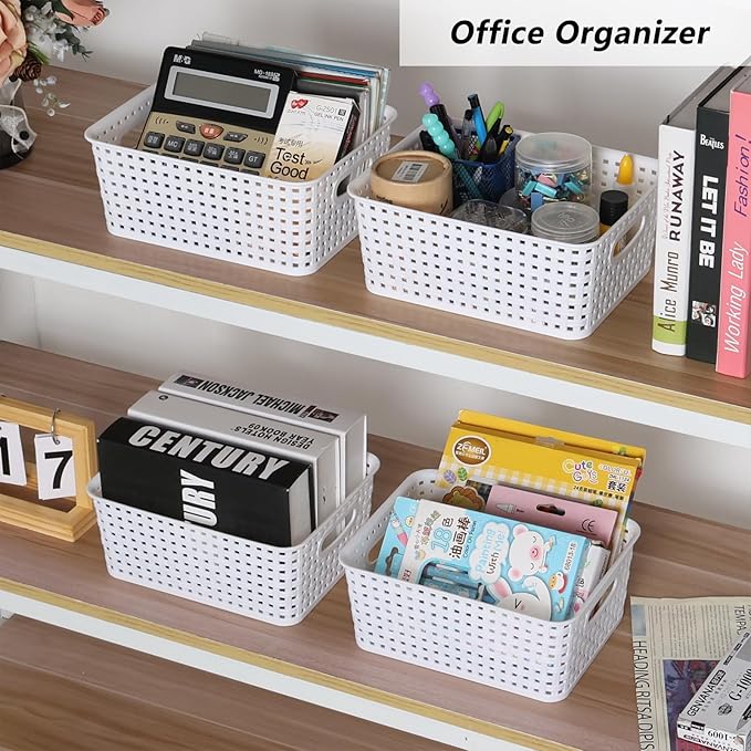 8 Packs Small Plastic Woven Basket, White Storage Baskets for organization
