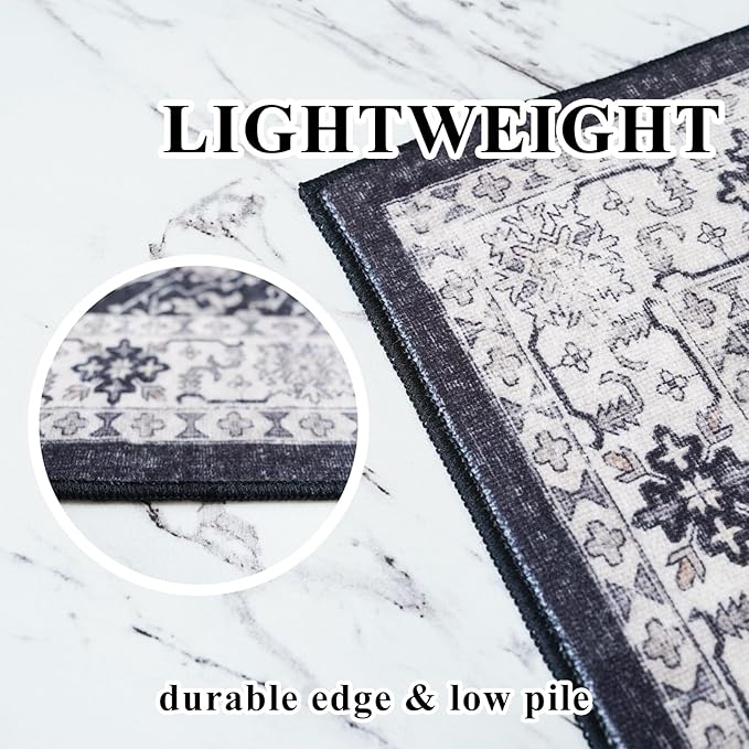 Hallway Washable Runner Rug - 3x20 Kitchen Rugs Entryway Rug Long Runner Vintage Soft Floor Mat Non Slip Indoor Farmhouse Carpet for Bathroom Living Room Bedroom (3 X 20, Black)