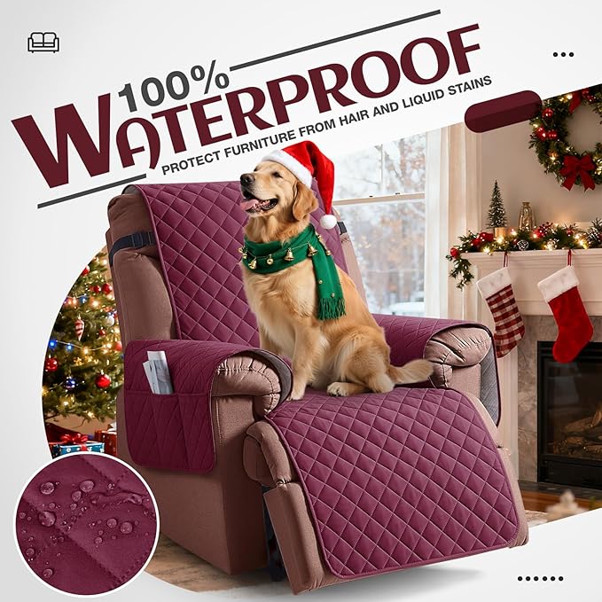 KinCam 100% Waterproof Recliner Chair Cover, Reclining Couch Covers for Pets, Dogs, Recliner Couch Slipcover Furniture Protector with Elastic Straps for Kids(28", Burgundy)