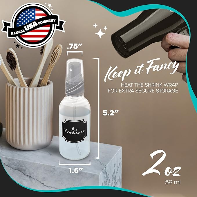 2 Oz Dropper & Spray Clear Glass Bottles w/Funnels, Cleaning Brushes, Label Stickers & Markers Bundle