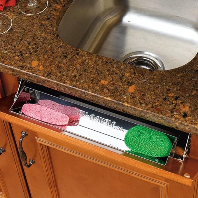 Rev-A-Shelf 31" Slim Tip-Out Sink Tray for Kitchen and Bathroom Base Cabinets, Large Pull Out Stainless Steel Storage Organizer, Silver, 6541-31-52