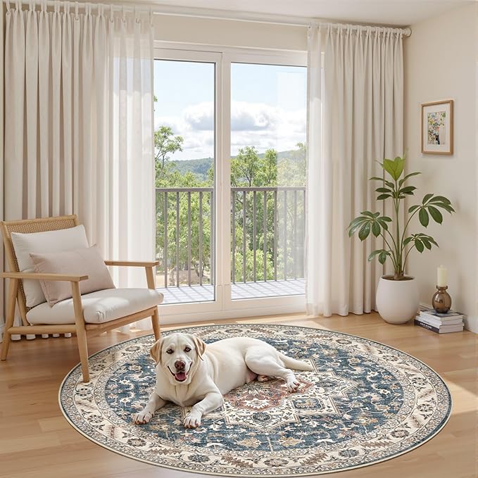6ft Round Vintage Living Room Area Rug - 6x6 Large Soft Washable Oriental Traditional Distressed Farmhouse Rugs for Bedroom - Indoor Floor Accent Carpet for Home Office House Decor - Vintage Blue