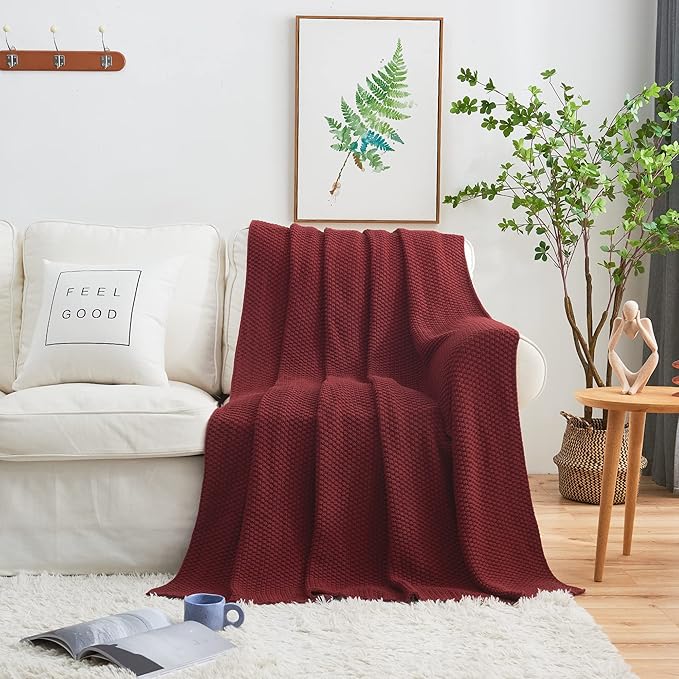 Longhui bedding Wine Red Knitted Throw Blanket for Couch, Cozy Machine Washable 100% Cotton Sofa Knit Bed Blankets, Heavy 4.0lb Weight, 60 x 80 Inches, Laundry Bag Included, Burgundy Color.