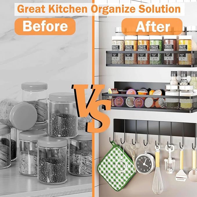 Magnetic Spice Rack for Refrigerator – 3 Tier Magnetic Shelves with Towel Bar, Hanging Hooks, Mesh Storage Baskets & Adhesive Hooks Kitchen Organizer for Spices, Utensils & Pantry