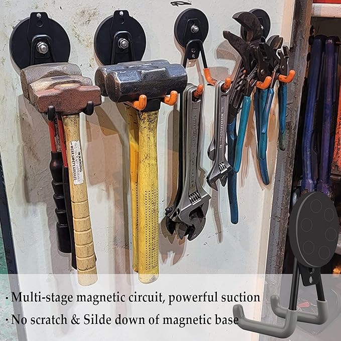 ULIBERMAGNET Heavy Duty Magnetic Hooks,Strong Large Magnet Hooks for Power Drill,Garden Tools, Hose,Pegboard,Garage,Workshop,4 Pack Magnetic Storage Hooks for Indoor Outdoor Hanging(Gray)