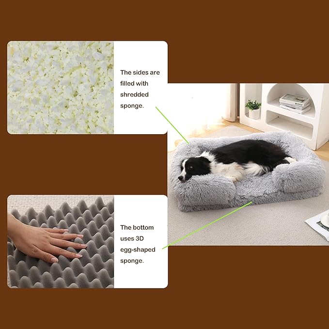 Orthopedic Dog Bed for XL Dogs - Washable Memory Foam Pet Sofa, Fluffy Plush Rectangular Bed, Waterproof Anti-Anxiety Couch, Light Gray, XL