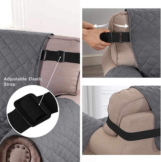 H.VERSAILTEX Reversible Quilted Chair Cover, Water Resistant Chair Slipcover Furniture Protector, Washable Chair Couch Cover with Elastic Strap for Kids, Dogs, Pets(Armchair, Grey/Beige)