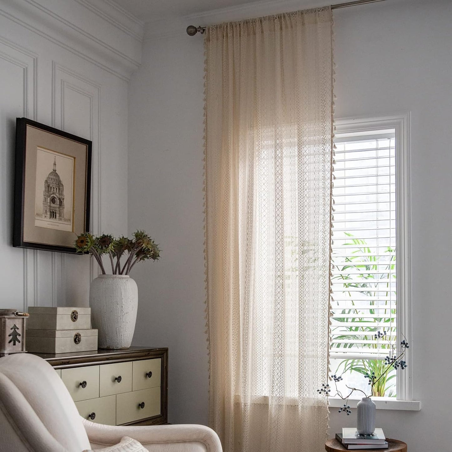 Boho Crochet Sheer Curtain — 84", Single Panel