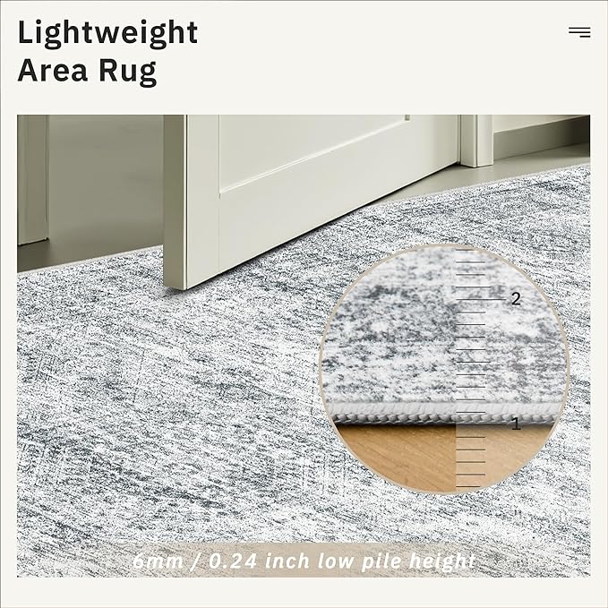5x8 Area Rugs Grey Low Pile Indoor Washable Trendy Faded Style Rugs for Bedroom Living Room Dining Room Foldable Non-Slip Thin Print Home Office Mat