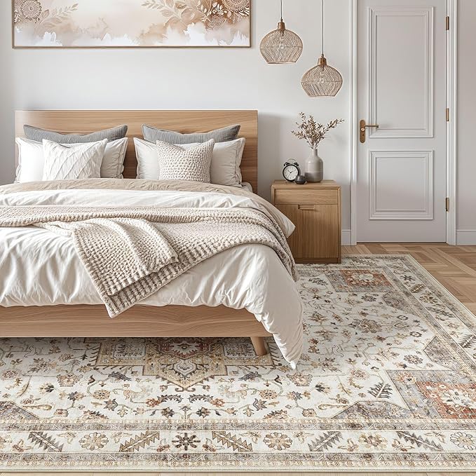 Vintage Living Room Area Rug 6x8 - Large Soft Washable Oriental Traditional Distressed Farmhouse Rugs for Bedroom - Indoor Floor Accent Carpet for Home Office House Decor -Golden Taupe