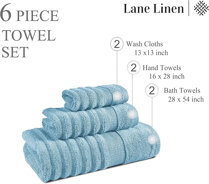 LANE LINEN Cotton Bath Towels Set of 6 - Exclusive Zero Twist - Softer, Quick Dry & Absorbent - 2 Bath, 2 Washcloths, 2 Hand Towels for Bathroom - Durable, Premium Quality & Ideal Gift for Him - Blue