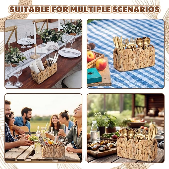 Scalloped Small Water Hyacinth Basket Caddy Party Cutlery Utensil Holder Hand Woven Rattan Basket Divided Cutlery Holder with Handles Kitchen Countertop Picnic Flatware Organizer for Shelves
