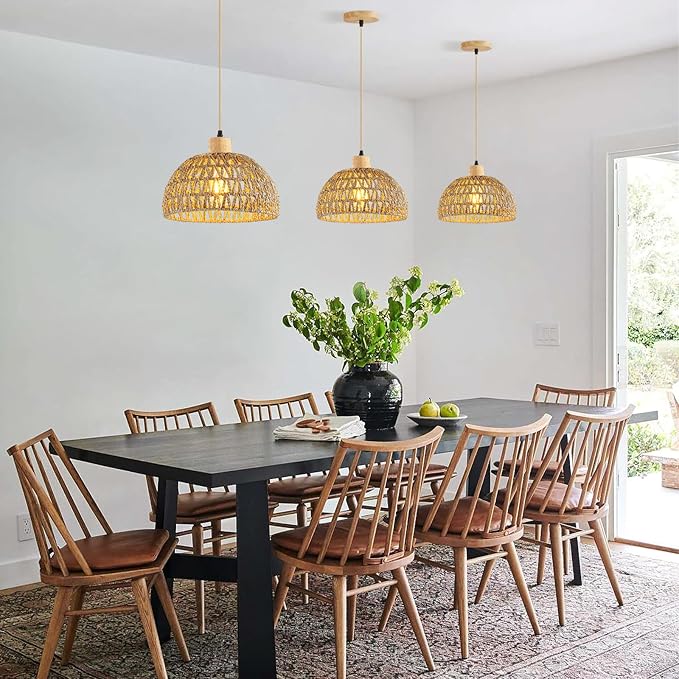 Hand-Woven Pendant Light, 11.8" Dome Rattan Pendant Lighting Fixture Wicker Ceiling Farmhouse Basket Hanging Lamp Boho Coast Chandelier for Kitchen Island Dining Room Sink Hallway Entrance
