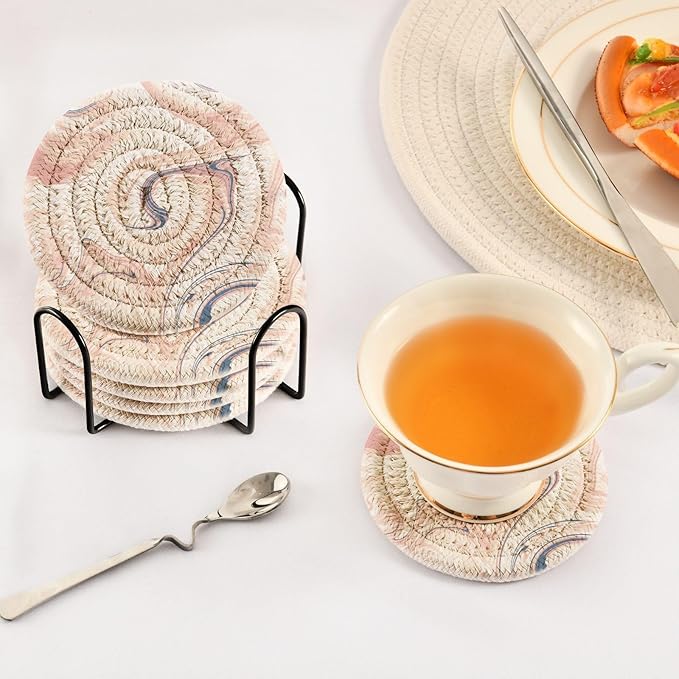 Handmade Cotton Absorbent Coaster Set of 6, Beige Cream Drink Coasters, Minimalist Home Decor for Coffee Table, Kitchen, Housewarming and Wedding Registry Ideas