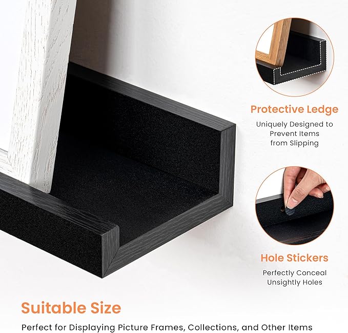 RICHFOCUS Picture Ledge Shelf, 48 inch Floating Shelves Set of 2, Wood Wall Shelves with Lip, Wall Decor Storage for Bedroom Living Room Bathroom Kitchen Nursery Photo Picture, Black