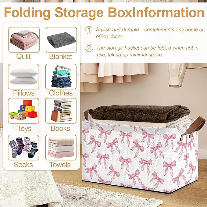 Bowknot Storage Bins with Handles, Collapsible Storage for Clothes, Gift Basket, Blankets & Closet Organization