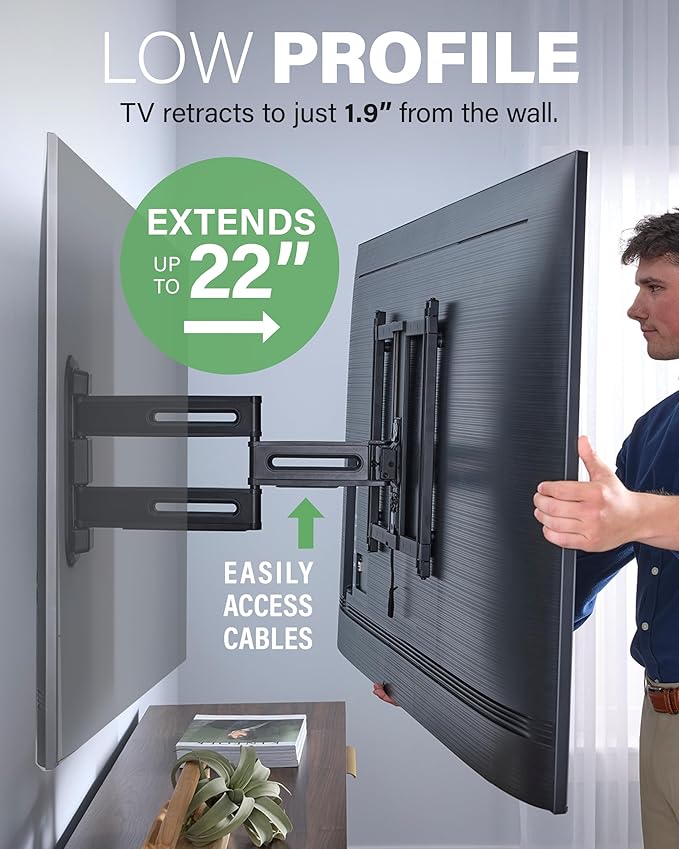 SANUS Height Adjustable Full Motion TV Wall Mount for 32” to 65” TVs – Raise or Lower TV 3” After Install – Maximizes Compatibility with Your Setup – 3 Step DIY w/Smooth Extension, Tilt & Swivel