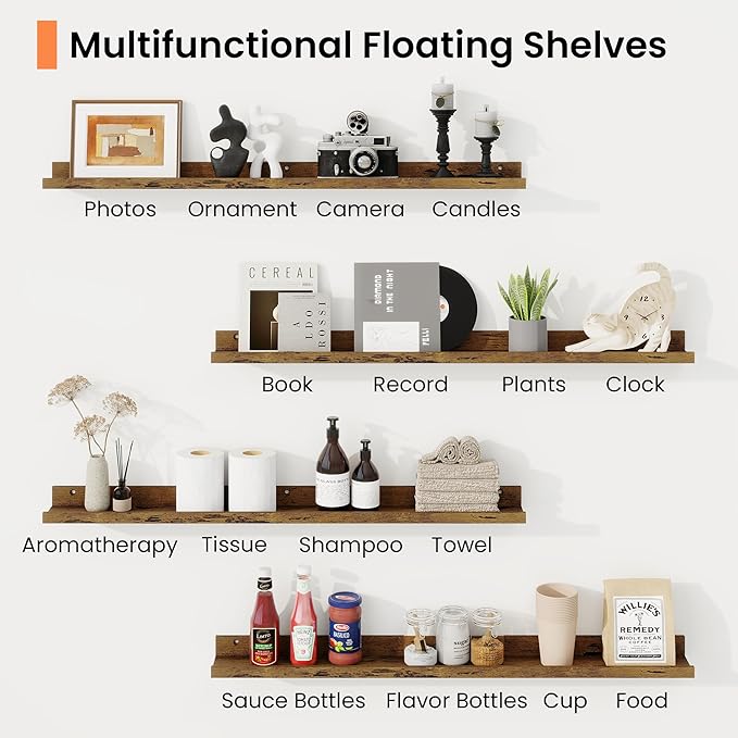 RICHFOCUS Picture Ledge Shelf, 16 inch Floating Shelves Set of 2, Wood Wall Shelves with Lip, Wall Decor Storage for Bedroom Living Room Bathroom Kitchen Nursery Photo Picture, Rustic Brown