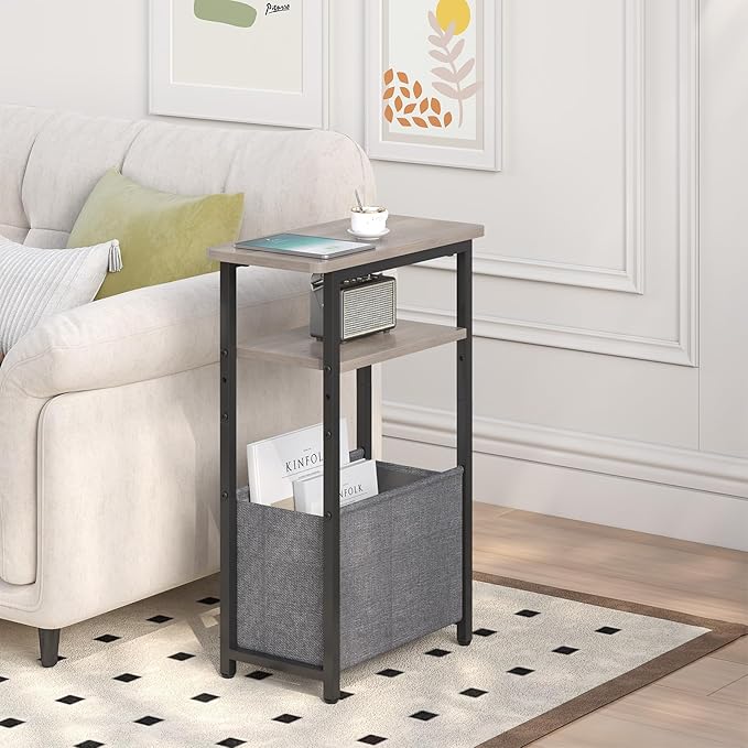 Narrow Side Table, Skinny End Tables with Fabric Basket, Small Side Tables for Small Space, 2-Tier Open Shelves with Basket, Slim Nightstands for Bedroom,Living Room,Office, Grey