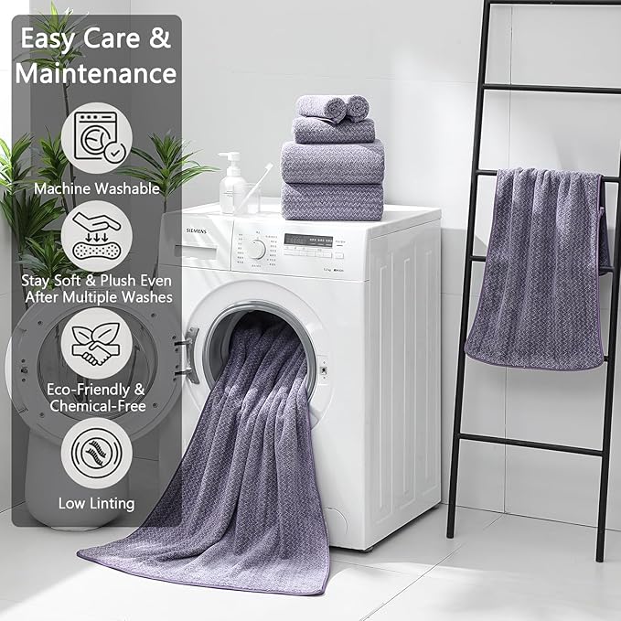 18 Piece Bath Towels Set,100% Microfiber Family Bathroom Towel with Hanging Loops-6 Bath Towels,6 Hand Towels,6 Washcloths,Quick Dry Highly Absorbent Shower Towel for Bathroom,Hotel,Spa-Dark Purple