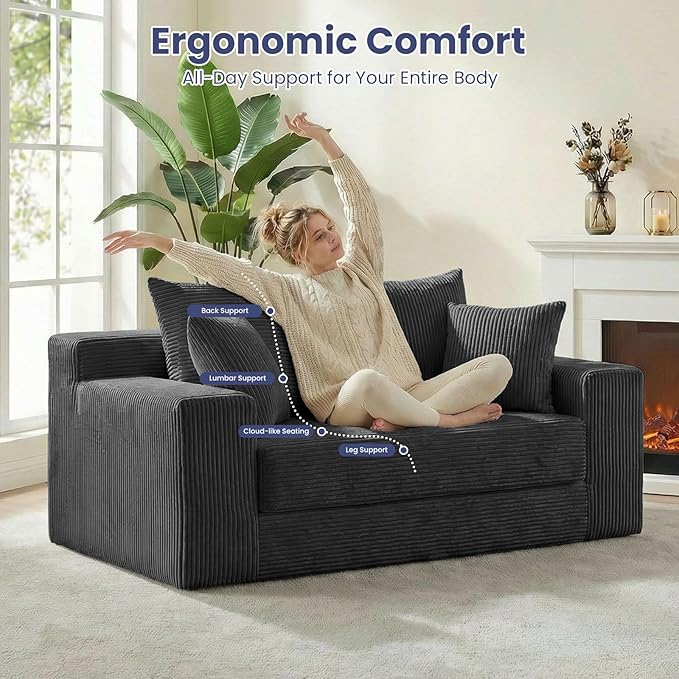 3-in-1 Convertible Sofa Bed: Boneless Loveseat Sleeper & Folding Couch Bed with 4 Pillows & Detachable Cushion for Bedroom, Small Space, Guest and Living Room, Corduroy Futon, No Assembly,Black