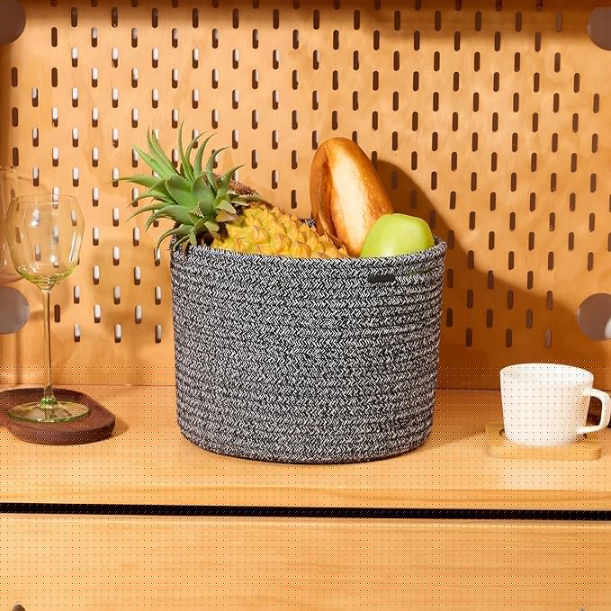 Small Basket for Organizing | Cube Shelf Closet Storage Baskets | 9.7×9.7×7.1” | Woven Rope Gift Basket | Nursery | Round 3 Packs Dark Gray