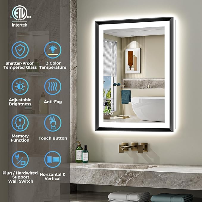 28x36 Black Framed LED Bathroom Mirror with Lights, Backlit and Front Light, Lighted Bathroom Vanity Mirror for Wall Dimmable Anti-Fog Memory Tempered Glass Horizontal/Vertical