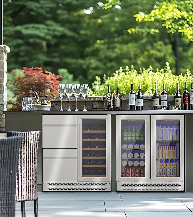 Dual Zone Beverage Refrigerator, 30'' Beverage Fridge with Detachable Basket, Intelligent Control Beverage Cooler with Glass Door Built-in or Freestanding with Blue LED Light, Hold 130 Can 60 Bottle