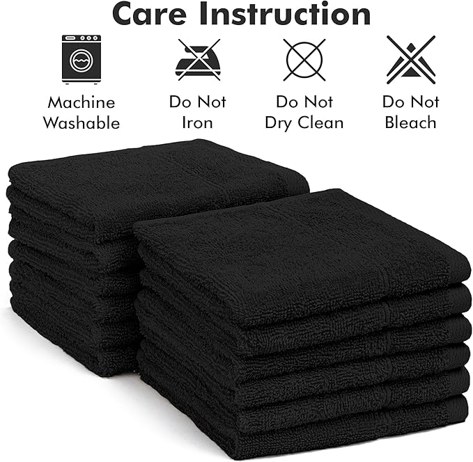 Face Towels Pack of 12 – 100% Cotton Wash Cloths (12x12 inch) – Soft, Quick Dry & Highly Absorbent Hand Towels for Bathroom, Spa, Gym, Kitchen and for Daily Use - (Black)