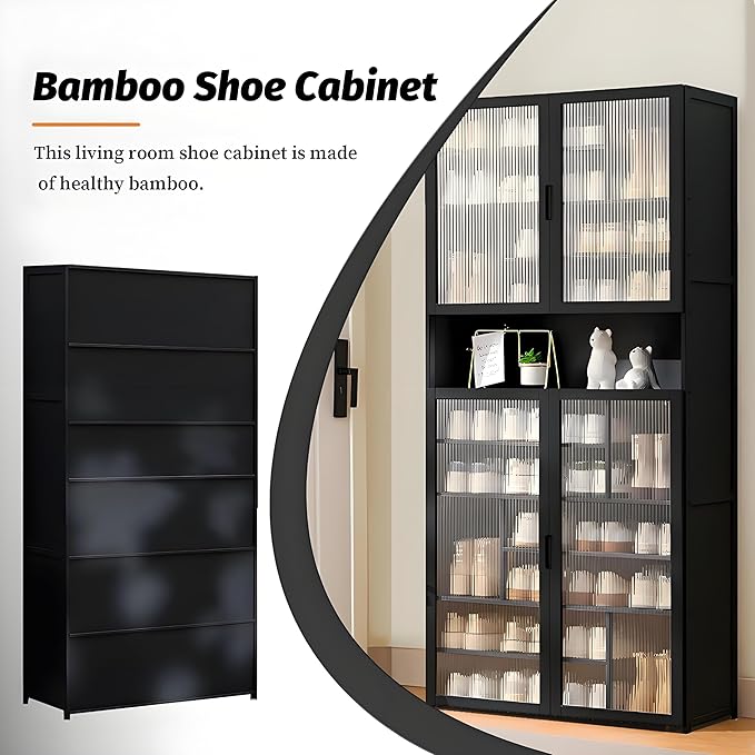 Tall Shoe Cabinet with Acrylic Doors, 11-Tier Large Capacity Bamboo Shoe Cabinet, 40-45 Pairs Freestanding Shoe Rack & Shoe Organizer for Closet Entrance, Hallway, Living Room, Bedroom