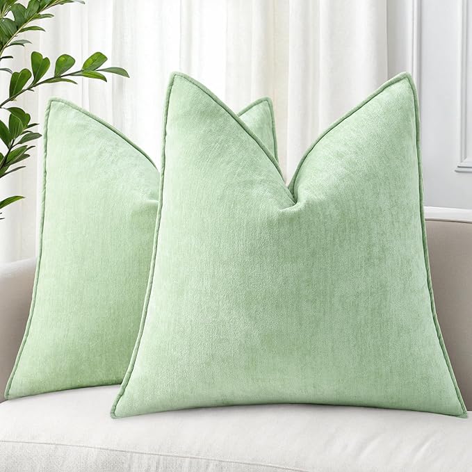 decorUhome Spring Couch Throw Pillow Covers 20x20 Set of 2, Decorative Soft Velvet Modern Cozy Chenille Pillow Cases with Elegant Design for Sofa Bed Living Room Home Decor, Sage Green