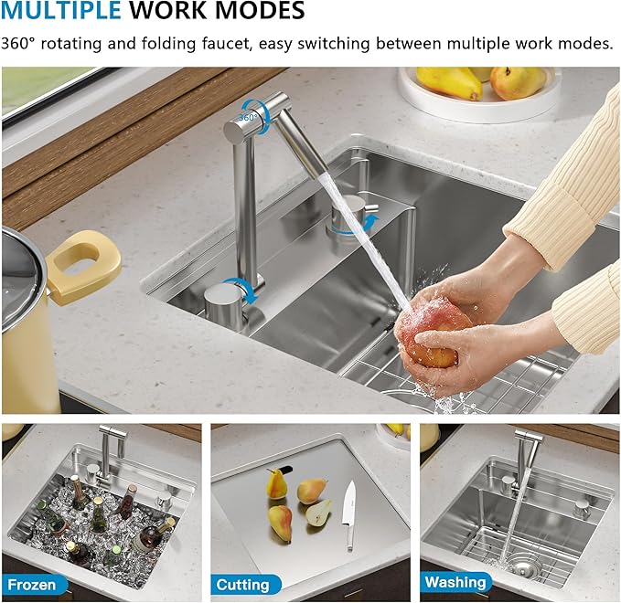 18 Inch RV Kitchen Sink - Fulorni 18"x18" Outdoor RV Camper Mobile Wet Bar Prep Sink Undermount 16 Gauge Stainless Steel Single Bowl Basin with Foldable Faucet