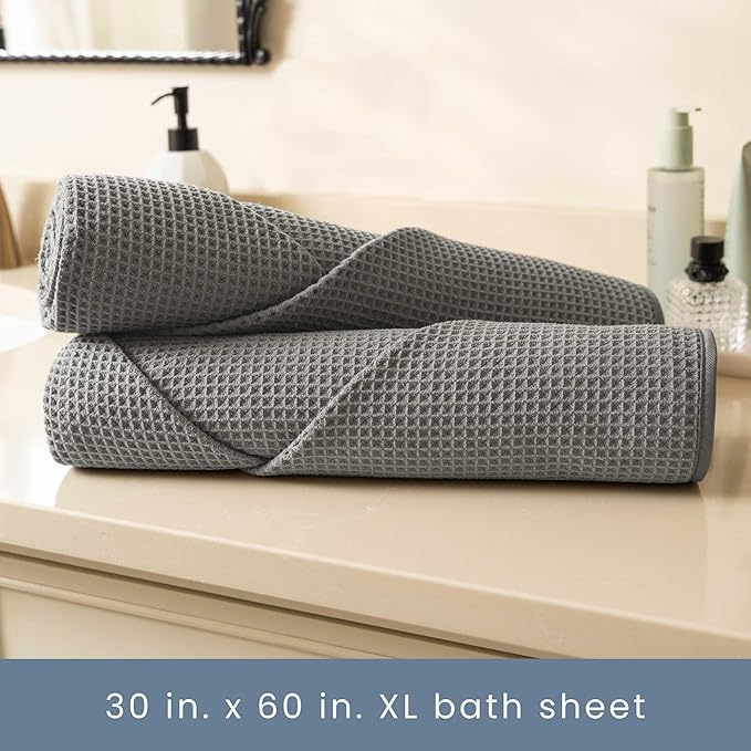 S&T INC. Aura Microfiber Waffle Bath Towels, 4 Pack, Quick-Dry, Ultra Absorbent, Lightweight Towels for Bathroom, Gym, Travel and Beach, 30 inches x 60 inches, 420GSM, Grey