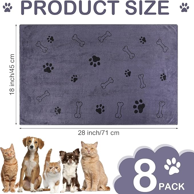 8 Pcs Dog Towels for Drying Dogs Cats Pet Towels Bulk Puppy Microfiber Quick Drying Paw Bath Bathing Supplies Absorbent for Medium Pets(Gray,18 x 28 Inch)