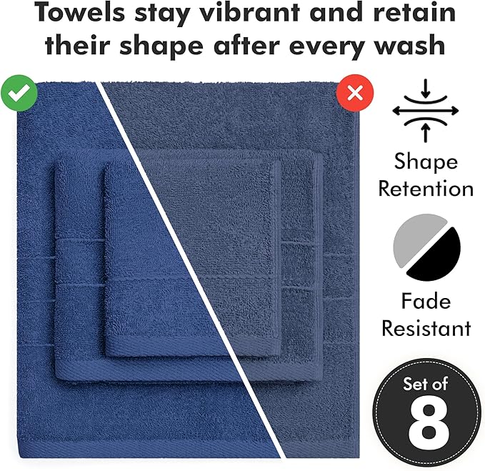 Bath Towels Set of 8 – 100% Cotton (Royal Blue) Bathroom Towel Set Bale Includes 2 Bath, 2 Hand, 4 Face Towels – Soft, Absorbent & Quick Dry Towel for Bathroom, Spa, Kitchen, Hotel Use