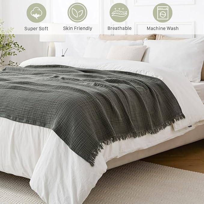 100% Cotton Muslin Throw Blanket 50'x65', Lightweight Breathable Summer Blanket Throw. Supersoft 4-Layer Gauze Throw Blanket for Sofa, Couch, Bed, All-Season Use, Dusty Olive